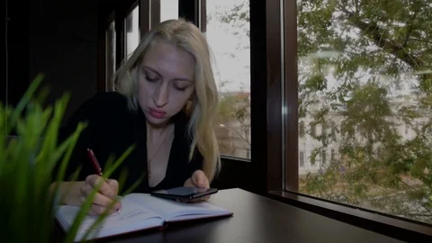 Girl on the background of the window writes at the table Stock Footage 98007102