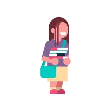 Girl backpack books stack school children isolated small primary student over Stock Illustration