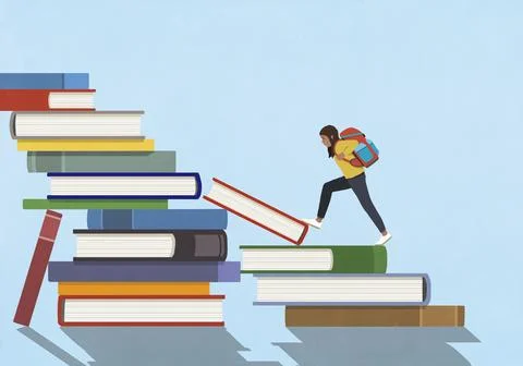 Girl with backpack climbing stack of books Stock Illustration