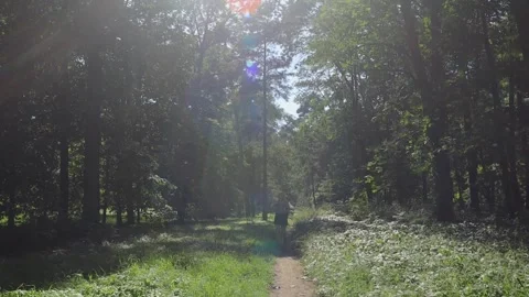 Girl with backpack on her back walks along path in forest. Short shorts, white T Video stock 247360356