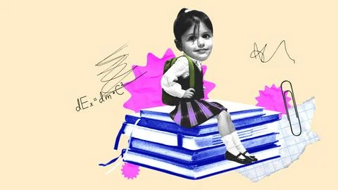 Girl with backpack sitting on book stack, surrounded by math formulas and Stock Photos