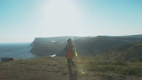 Girl with Backpack Using Smartphone Gps. Woman Hiking In The Forest And Typing Stock Footage 157373426