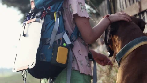 Girl with backpack walking on the rural path with her dog friend. 스톡 동영상 157907884