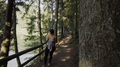 Girl with a backpack walking in the woods Stock Footage 89594376
