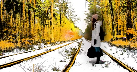 A girl with a bag does not know where to go on rails in the forest. Not really 動画素材 170070929