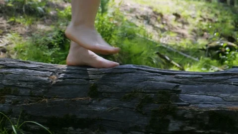 A girl with bare feet walks on a log in a green forest. Legs close-up. 4K Video stock 128140553