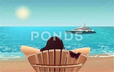 Girl, beach chair, luxury yacht butterfly summer Stock Illustration