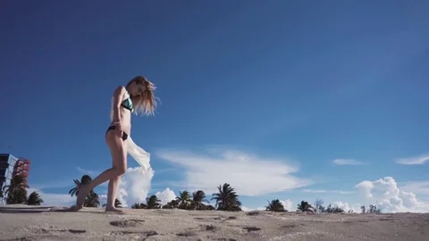 Girl, beach, sea, wind in your hair, girl in bikini walking along the beach with Stock Footage 80972774