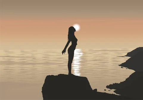 Girl on the beach at sunset vector Illustrazione stock
