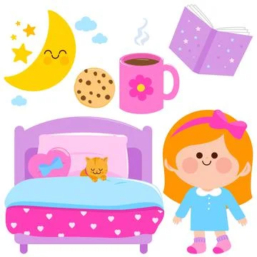 Girl bed time collection. Vector illustration set Stock Illustration