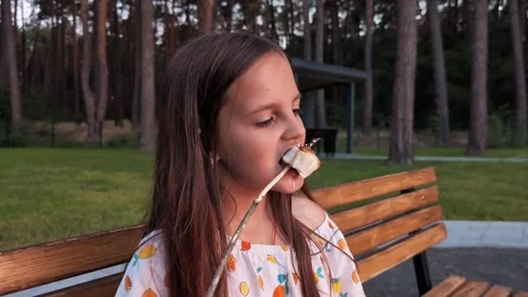 A girl is on a bench in a park during sunset. She is eating a marshmallow Stock Footage 341491832