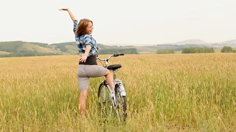 Girl With Bicycle Stock Footage 44455320