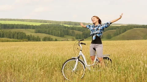 Girl With Bicycle Stock Footage 44455634