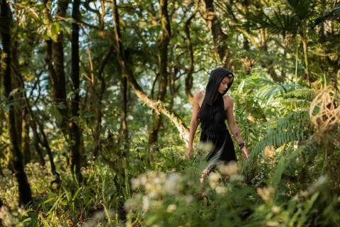 Girl in a black hood dress walking through the woods, enjoying the walk fashion Stock Photos