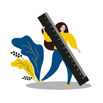 Girl with a black measuring ruler in her hands. Technology for work. Stock Illustration