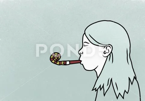 Girl blowing party favor Stock Illustration