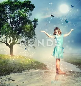 Girl with blue butterflies at a magical brook Stock Photos