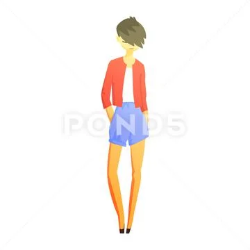 Girl In Blue Shirts And Red Jacket With Cool Short Hairstyle, Young Person Stock Illustration