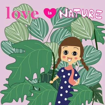 Girl in botanic big leaf plant love is nature hand drawn cartoon vector Stock Illustration