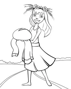 Girl with bread on the field Stock Illustration