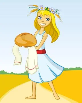 Girl with bread Stock Illustration