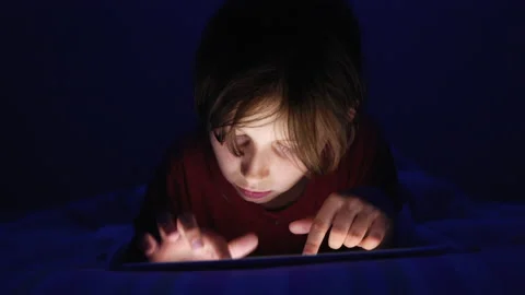 Girl browsing internet on tablet at night Stock Footage 173473407