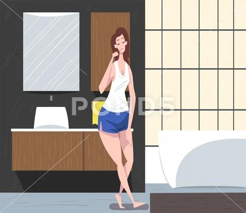 Girl Brushing Her Teeth in Bathroom, Daily Routine, Hygiene Procedures Cartoon Stock Illustration