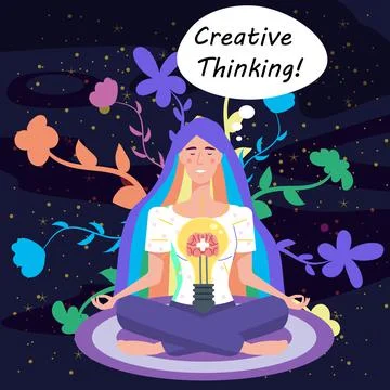 Girl with bulb, idea. Creative Thinking Yoga girl. Solution to a problem Stock Illustration