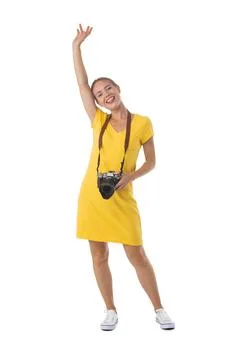 Girl with camera on white Stock Photos