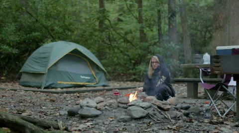 Girl By Campfire Stock Footage 42102669