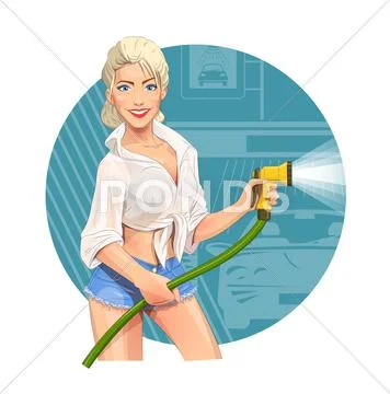 Girl on car wash. Cleaning service Stock Illustration