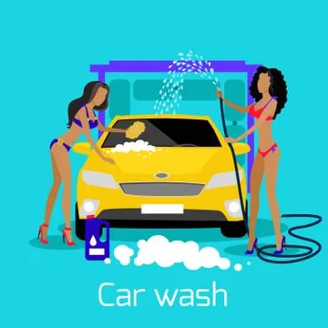 Girl Car Wash Flat Concept Icon Stock Illustration