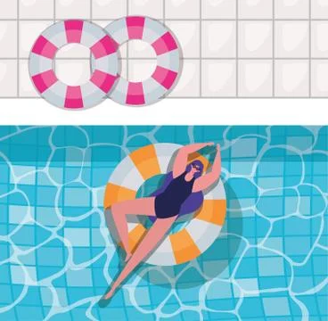 Girl cartoon on float at pool top view vector design 스톡 일러스트