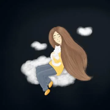 Girl with a cat on the cloud Stock Illustration