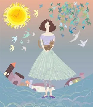 Girl with cat Stock Illustration