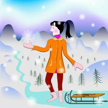 Girl catches first snowflake Stock Illustration