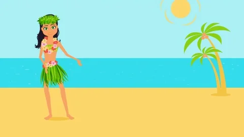 Girl character in national costume dancing the hula on a tropical beach. Stock Footage