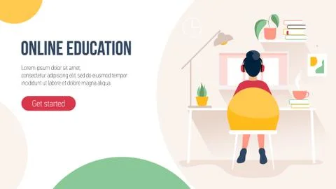 Girl character study at computer. Online education concept. Flat isometric il Illustrazione stock