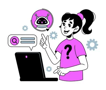 Girl chatting with chatbot. Computer interaction, speech bubbles, search symb Stock Illustration