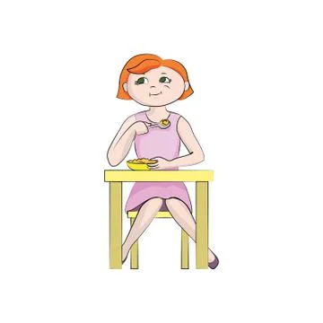 The girl (child) eats at the table. Vector color illustration Stock Illustration