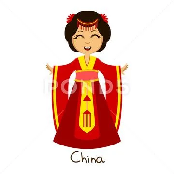 Girl In China Country National Clothes, Wearing Red Dress Traditional For The Stock Illustration