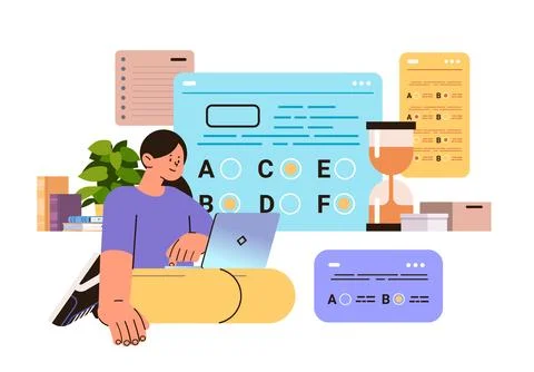 Girl choosing correct answer in test online exam education e-learning concept Stock Illustration