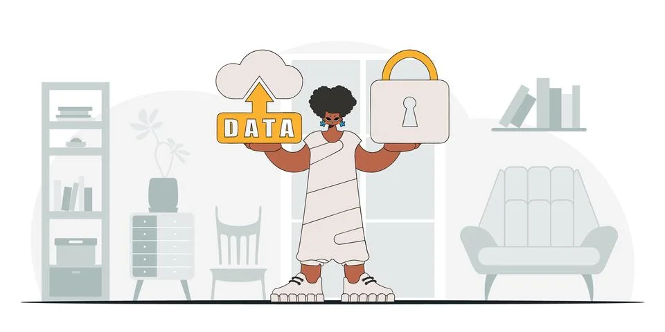 Girl with cloud access, padlock security . modern vector character. Illustrazione stock