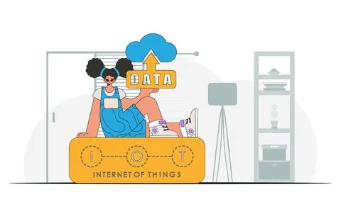 Girl with cloud data in her hands, contemporary character in vector art. Stock Illustration