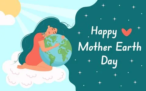 Girl on the cloud hugging planet globe. Happy Mother Earth day lettering in.. Stock Illustration