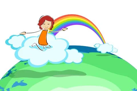 Girl on cloud with rainbow Illustrazione stock
