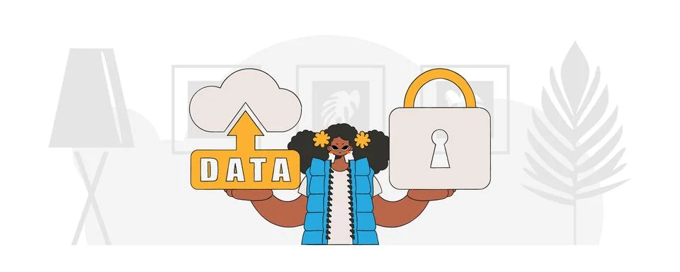 Girl with cloud storage padlock, vector modern style character. Stock Illustration