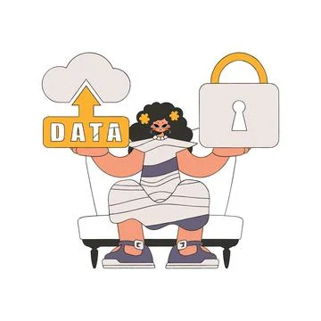 Girl with cloud storage, secure with a padlock. Stock Illustration