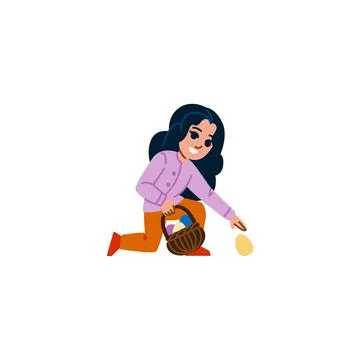 Girl collecting easter eggs during egg hunt putting them in a wicker basket Stock Illustration