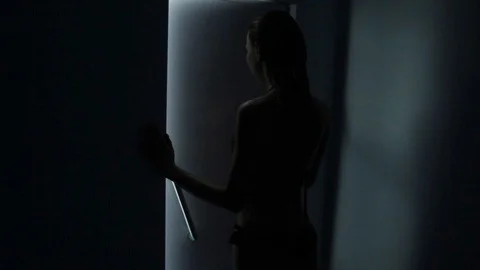 Girl comes out of the dark room floating Stock Footage 109471353